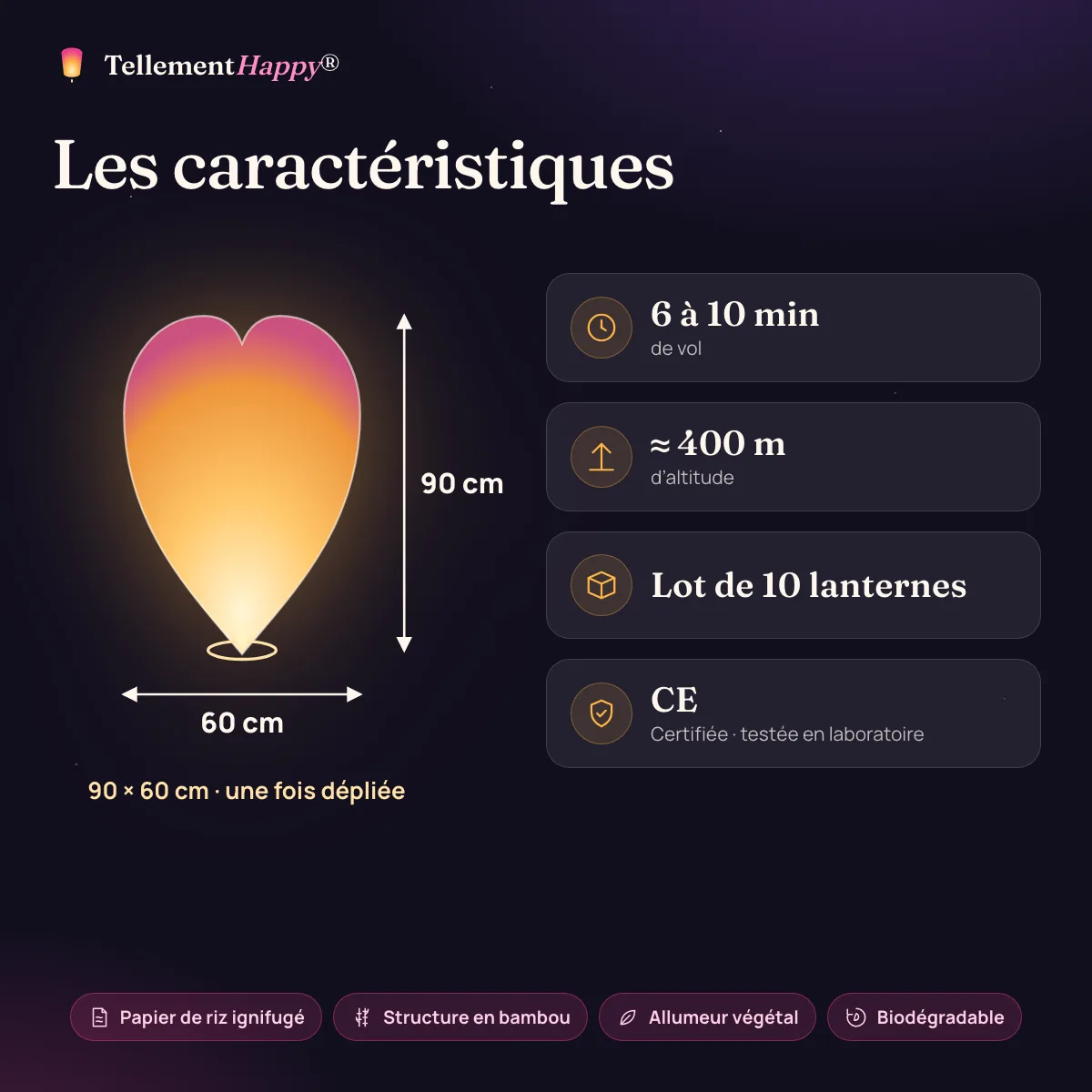 Lanternes volantes cœur rouge : 90 × 60 cm, 6 à 10 min de vol, ≈ 400 m d’altitude, CE