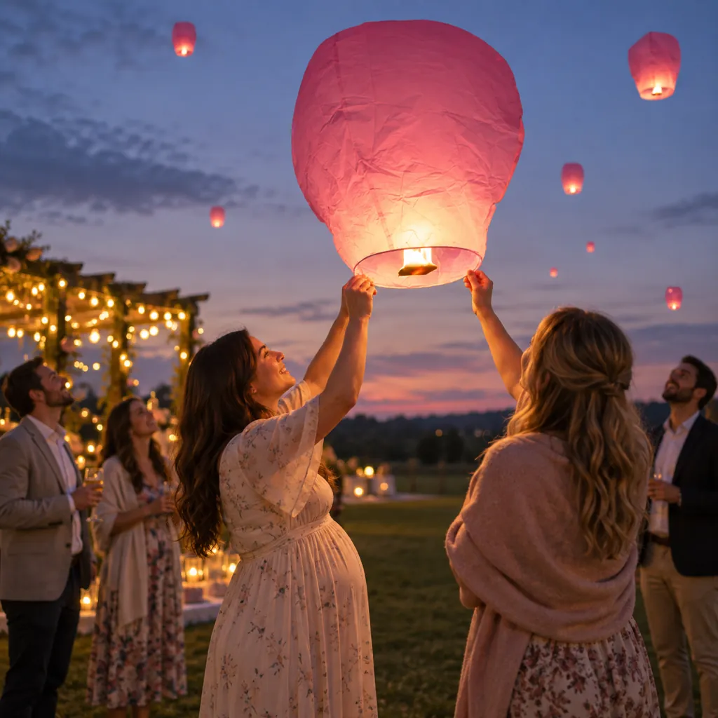 Lançamento de lanternas voadoras cor-de-rosa num chá de bebé
