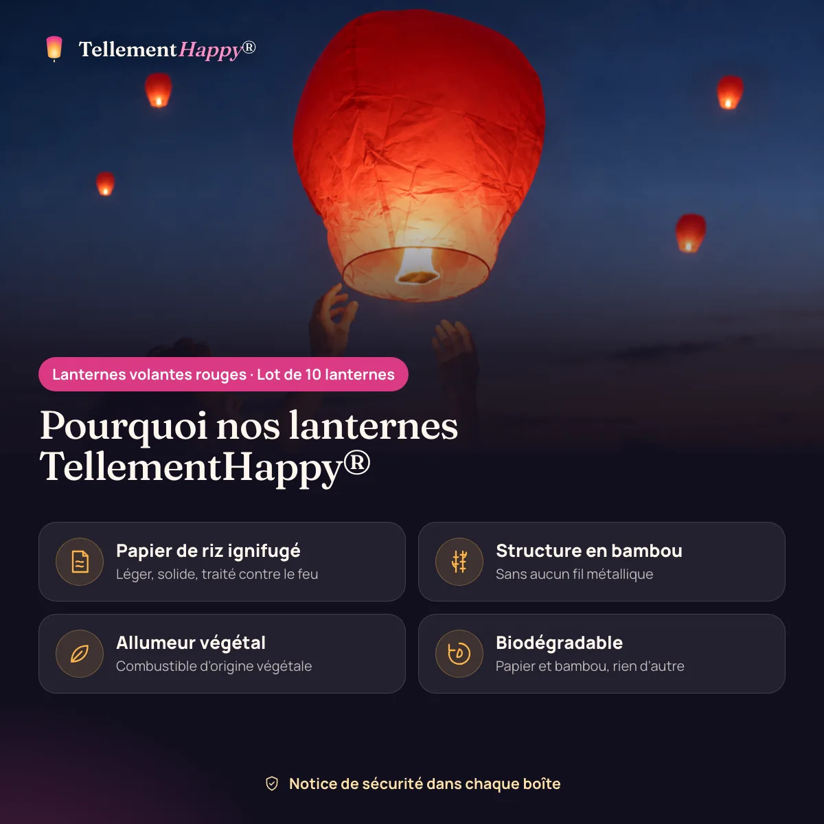 Lanternes volantes rouges TellementHappy® : Papier de riz ignifugé, Structure en bambou, Allumeur végétal, Biodégradable