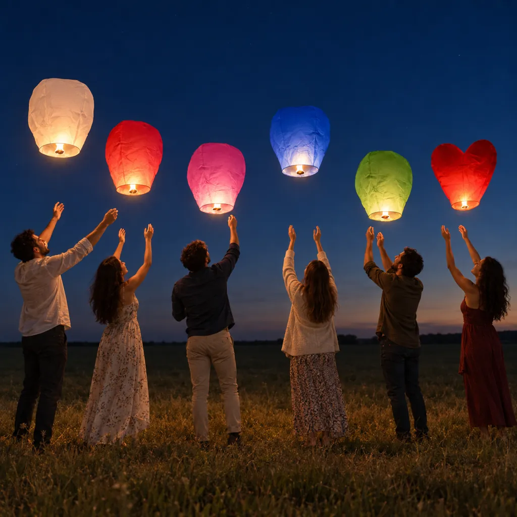 Amigos a soltar lanternas voadoras de seis cores