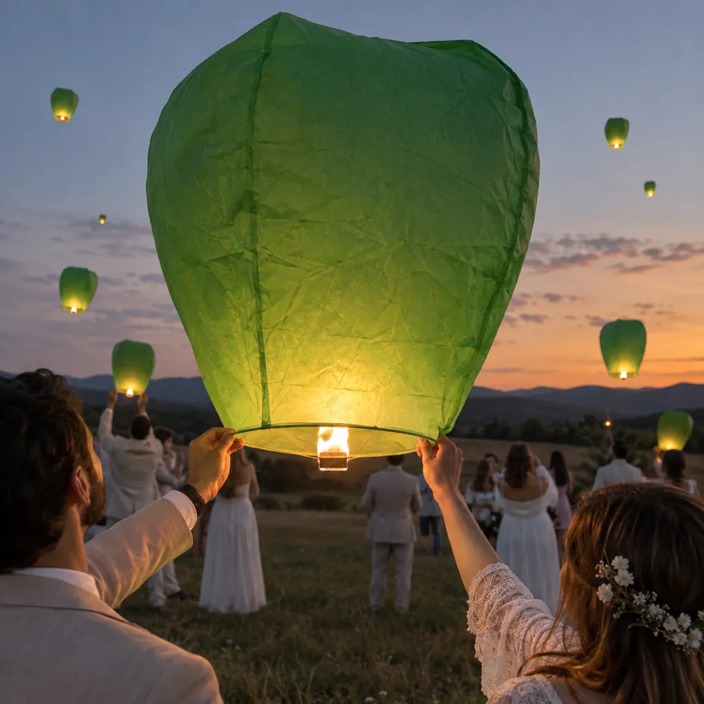 Lanternas voadoras verdes num casamento no campo