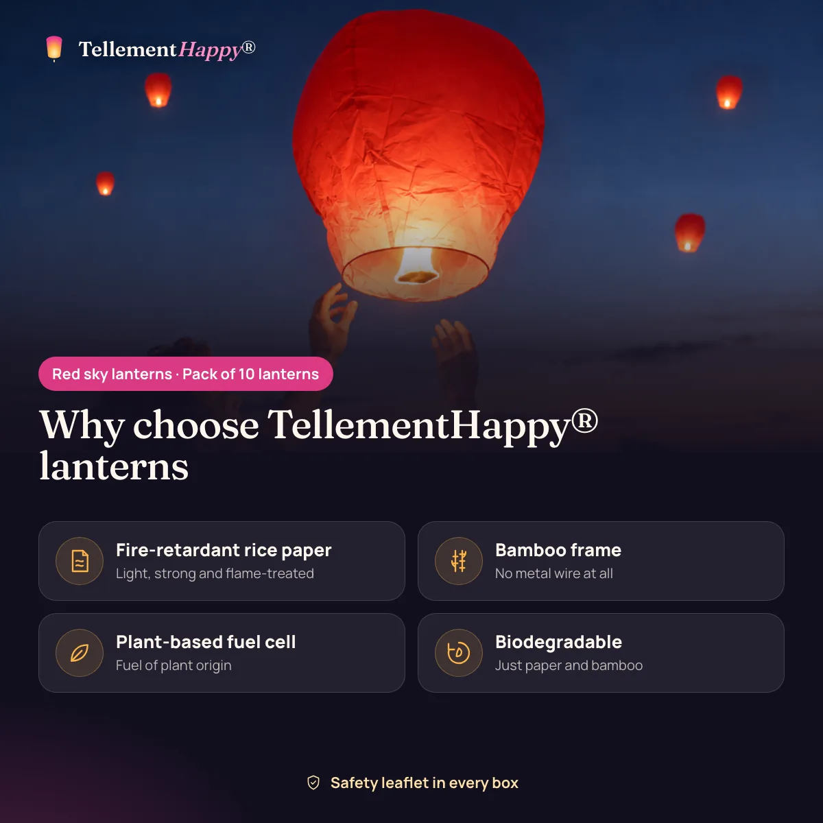Red sky lanterns TellementHappy®: Fire-retardant rice paper, Bamboo frame, Plant-based fuel cell, Biodegradable