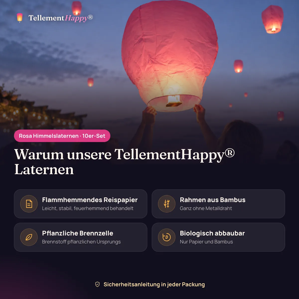 Rosa Himmelslaternen TellementHappy®: Flammhemmendes Reispapier, Rahmen aus Bambus, Pflanzliche Brennzelle, Biologisch abbaubar