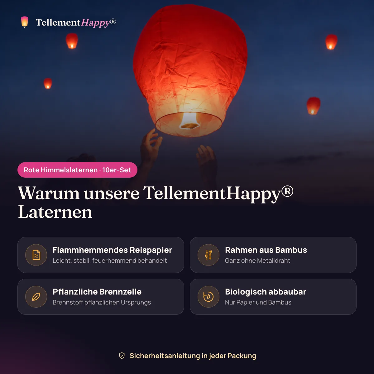 Rote Himmelslaternen TellementHappy®: Flammhemmendes Reispapier, Rahmen aus Bambus, Pflanzliche Brennzelle, Biologisch abbaubar