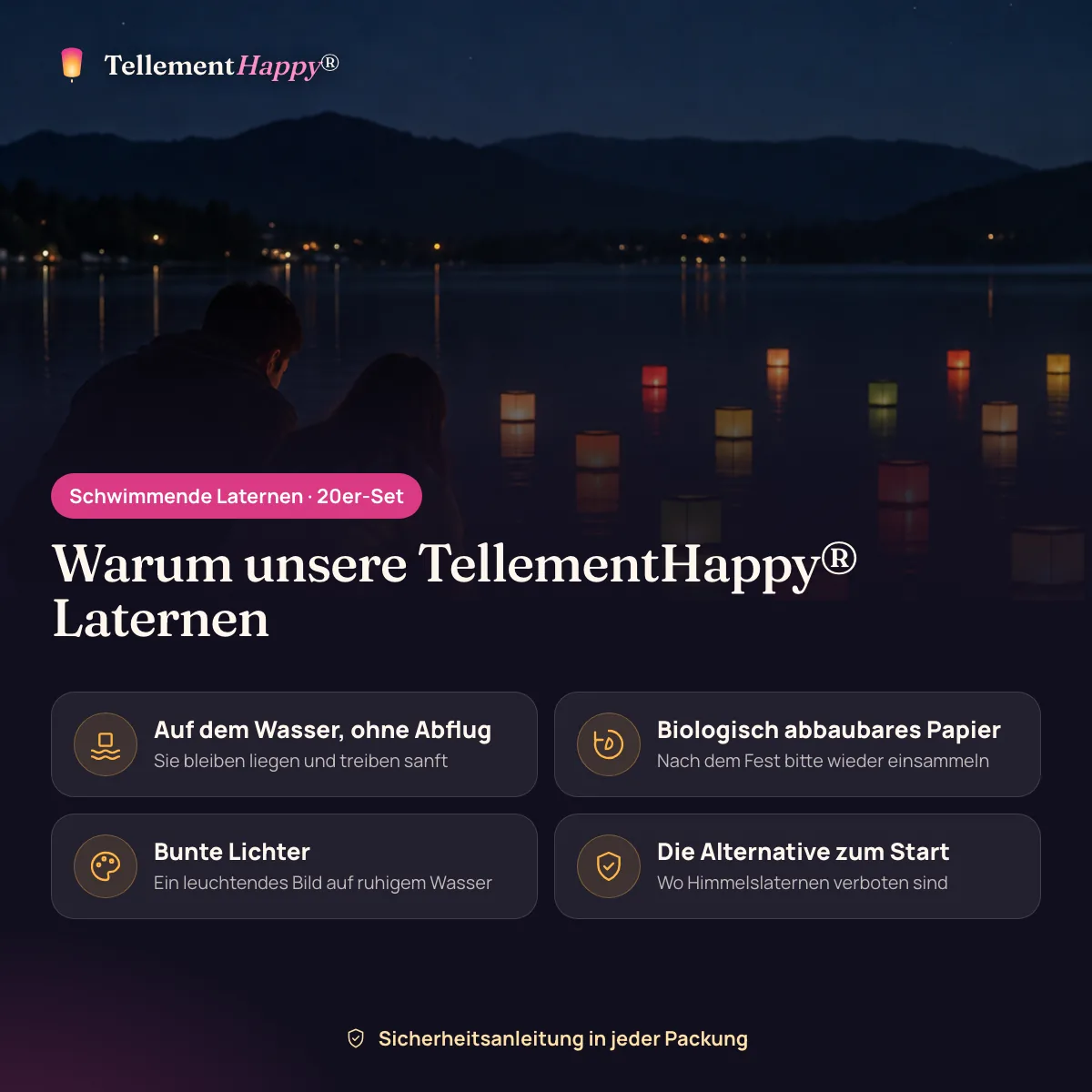 Schwimmende Laternen TellementHappy®: Auf dem Wasser, ohne Abflug, Biologisch abbaubares Papier, Bunte Lichter, Die Alternative zum Start