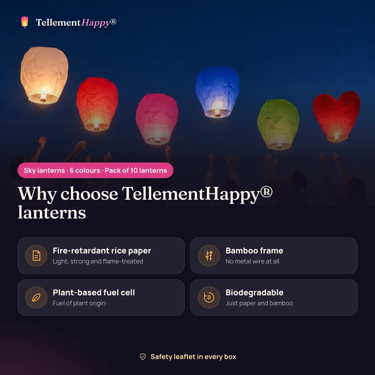 Sky lanterns · 6 colours TellementHappy®: Fire-retardant rice paper, Bamboo frame, Plant-based fuel cell, Biodegradable