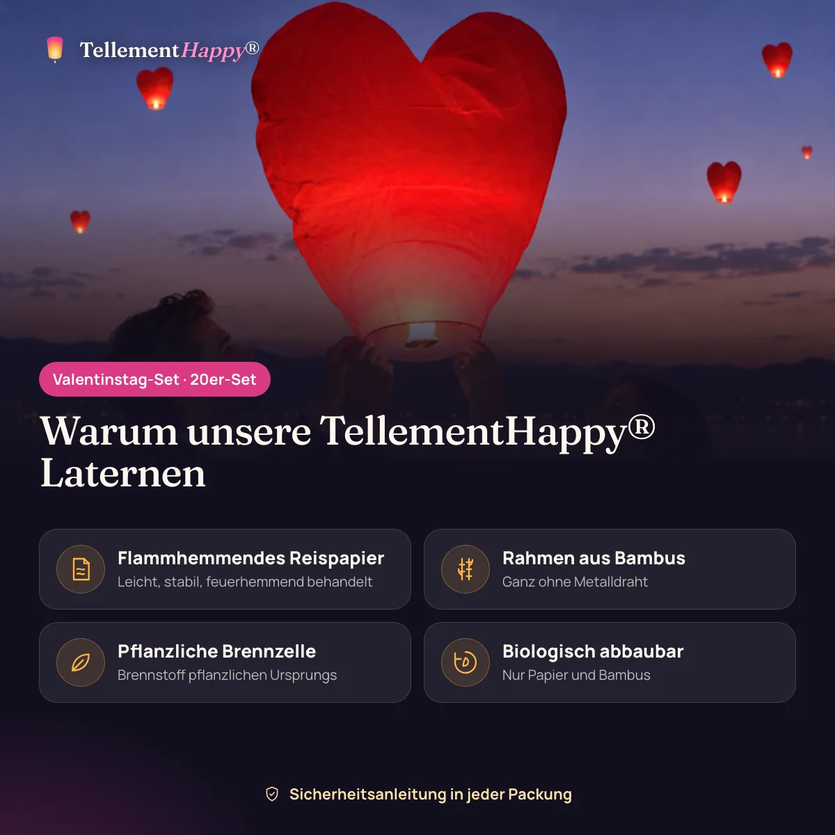 Valentinstag-Set TellementHappy®: Flammhemmendes Reispapier, Rahmen aus Bambus, Pflanzliche Brennzelle, Biologisch abbaubar