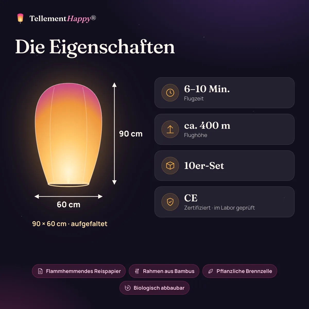 Weiße Himmelslaternen: 90 × 60 cm, 6–10 Min. Flugzeit, ca. 400 m Flughöhe, CE