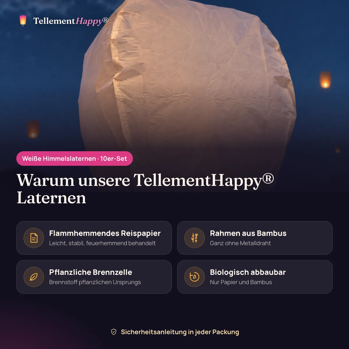 Weiße Himmelslaternen TellementHappy®: Flammhemmendes Reispapier, Rahmen aus Bambus, Pflanzliche Brennzelle, Biologisch abbaubar