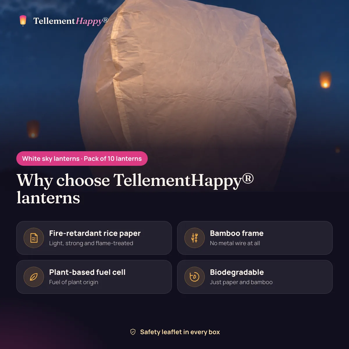 White sky lanterns TellementHappy®: Fire-retardant rice paper, Bamboo frame, Plant-based fuel cell, Biodegradable